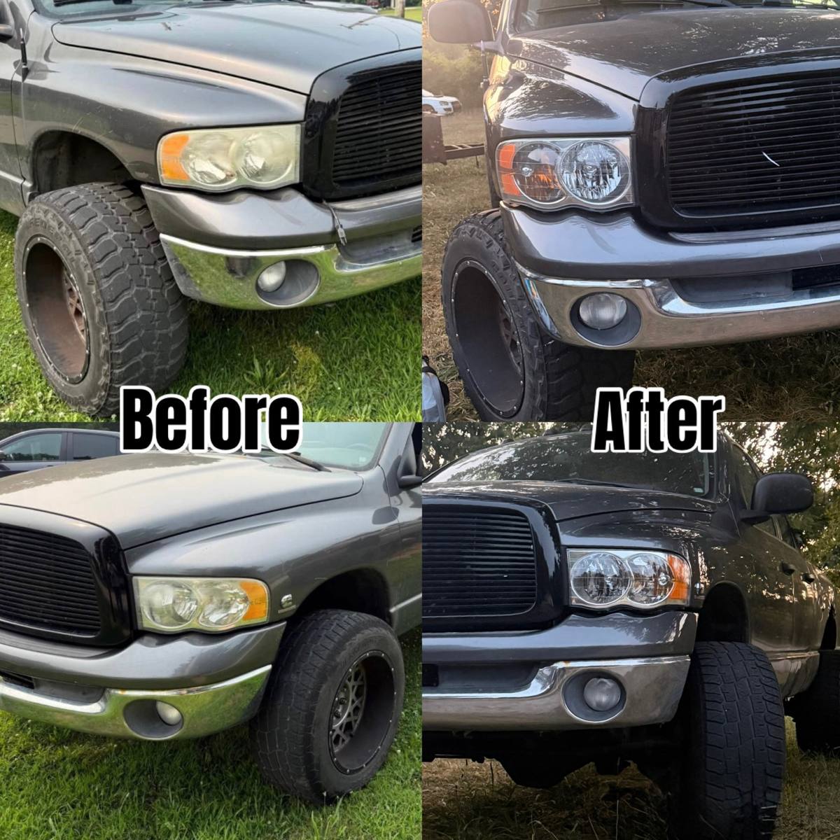 Before and after headlight restoration on a Dodge Ram